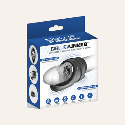 Boîte du masturbateur automatique Blue Junker avec détails sur ses 10 modes de vibration, son étanchéité, et sa compatibilité universelle. Un sextoy masculin de luxe à retrouver chez Oh My God'Z, idéal pour une stimulation personnalisée.