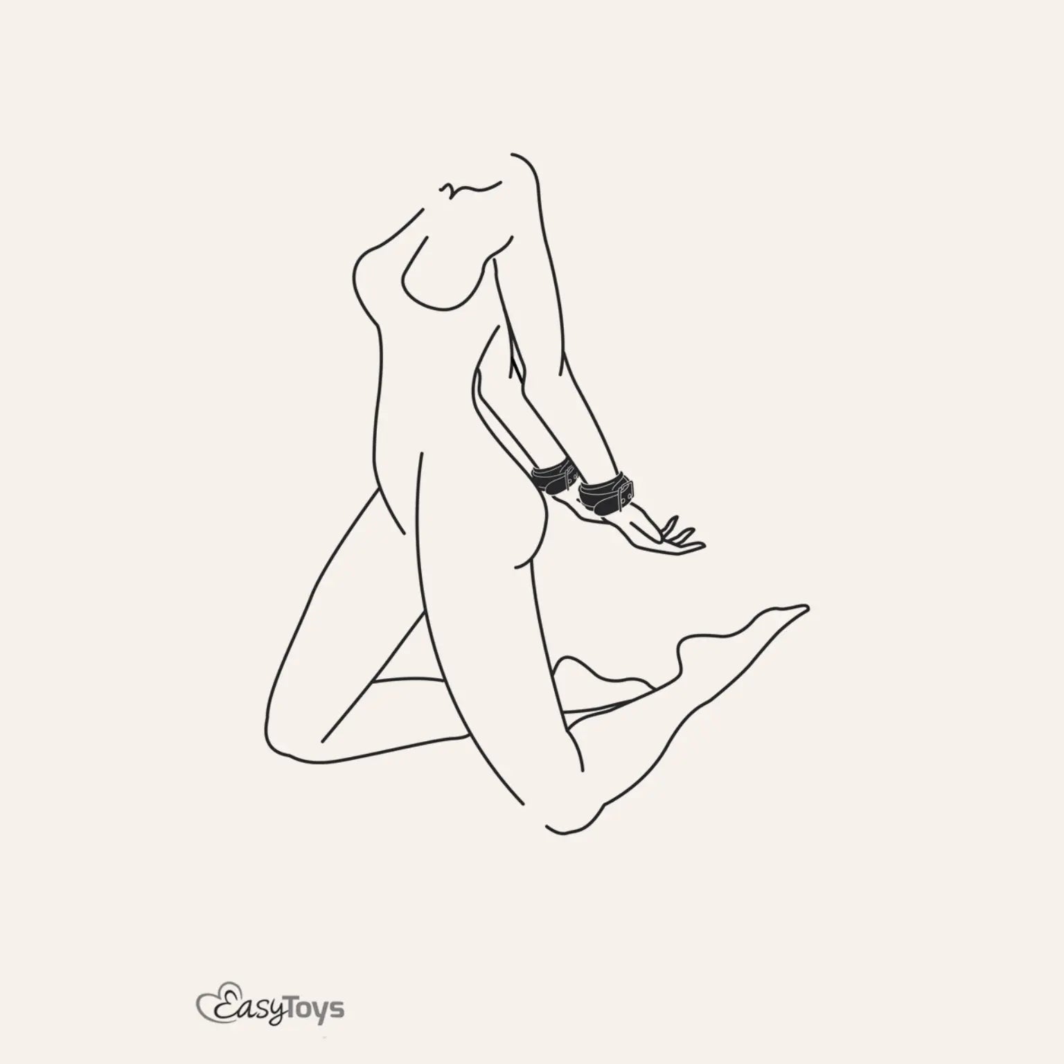 Illustration sensuelle représentant une femme attachée avec des menottes de poignets en cuir noir de la gamme Easytoys Fetish Collection, disponibles sur la boutique Oh My God'Z. Ces menottes BDSM haut de gamme sont idéales pour les jeux de domination raffinés et offrent un confort optimal grâce à leur doublure moelleuse.