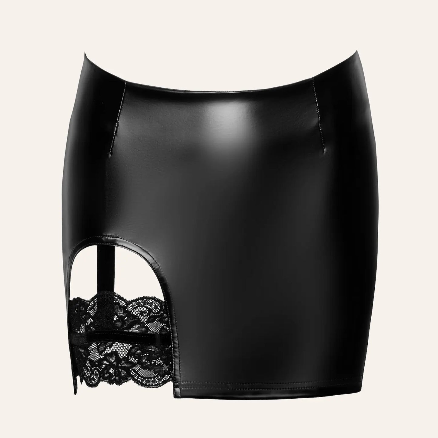 Mini jupe wetlook noire avec jarretière intégrée en dentelle florale signée Velvetine. Disponible chez Oh My God'Z, ce modèle allie esthétique fétichiste et confort, un choix parfait pour les amateurs de lingerie sexy haut de gamme.