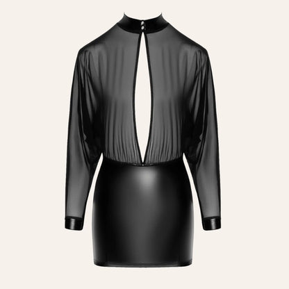 Mini robe Opium F348 en tulle noir et wetlook effet cuir, proposée par Oh My God'Z. Design audacieux, col montant et ouverture frontale pour une lingerie sexy haut de gamme au style dominatrice chic.