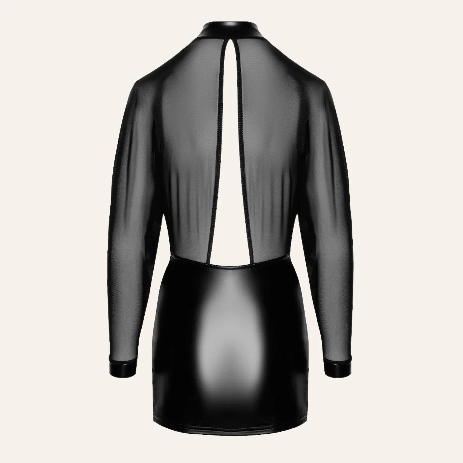 Vue arrière de la mini robe Opium F348 en wetlook et tulle par Oh My God'Z, une pièce de lingerie sexy haut de gamme idéale pour les amateurs de tenues érotiques raffinées. Transparence audacieuse et design fendu pour une séduction sans compromis.