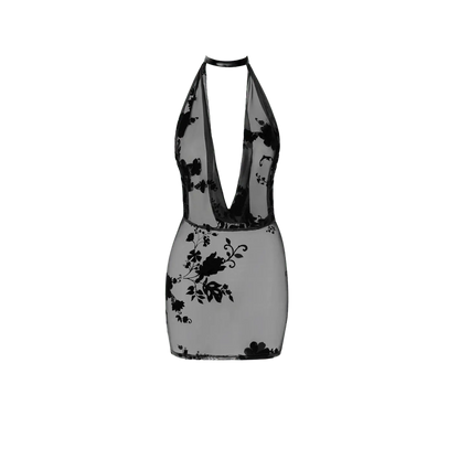 Robe sexy transparente noire à motif floral et dos nu élégant – Noir Handmade