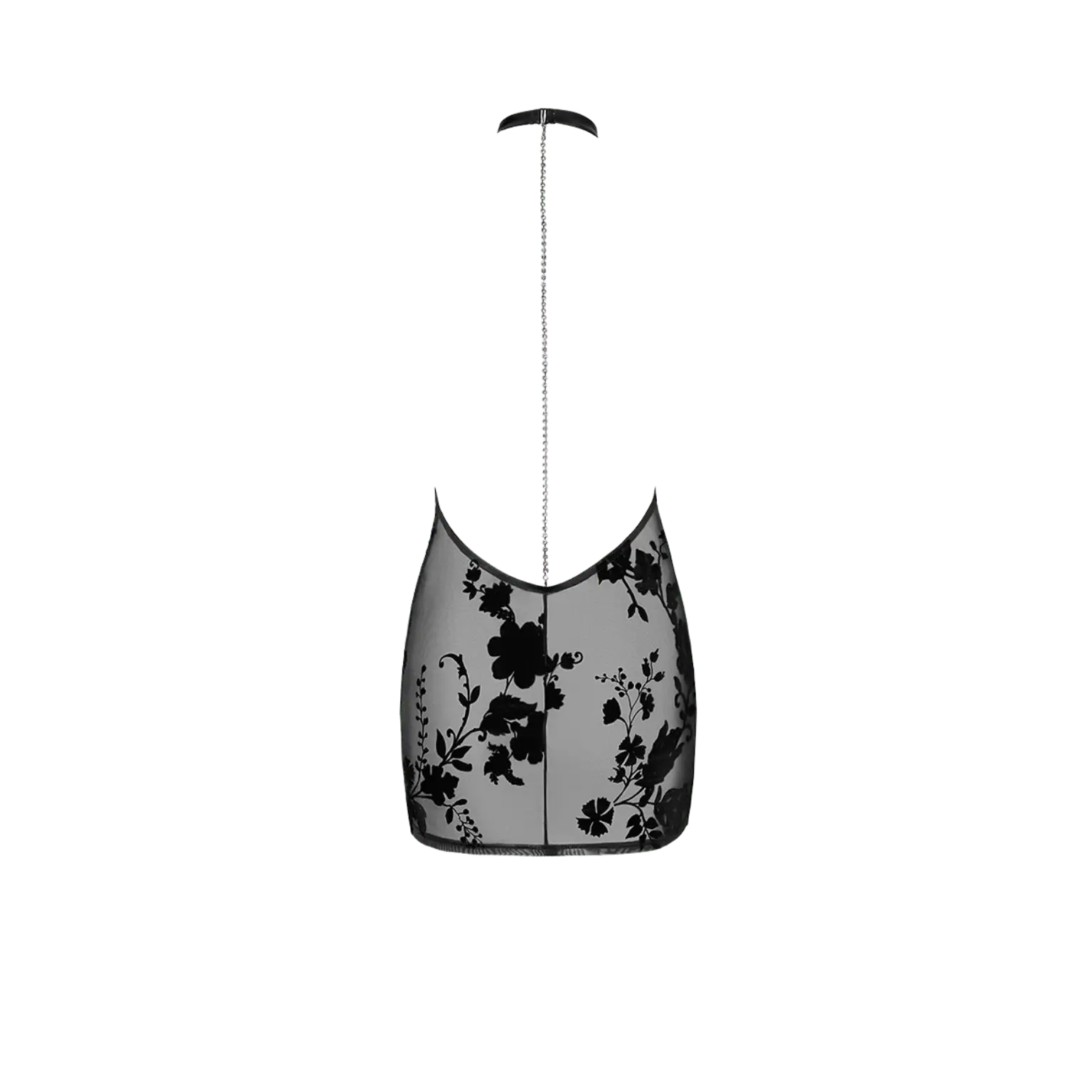 Mini robe dos nu en tulle transparent noir à motifs floraux veloutés – Noir Handmade