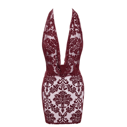 Robe sensuelle dos nu en tulle floqué bordeaux – Oh My God’Z