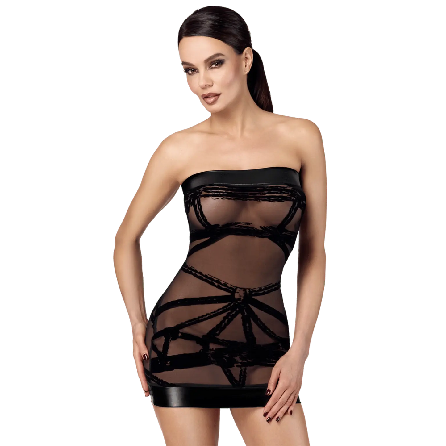 Mini robe Bondesque F359 en tulle noir transparent à motifs floqués – Noir Handmade