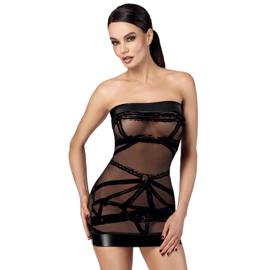 Mini robe Bondesque F359 en tulle noir transparent à motifs floqués – Noir Handmade