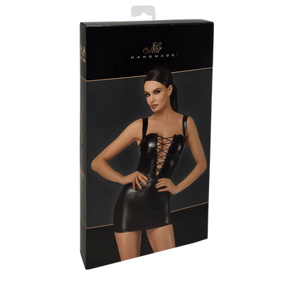 Robe courte en simili cuir noir effet wetlook avec bretelles larges – Oh My God’Z