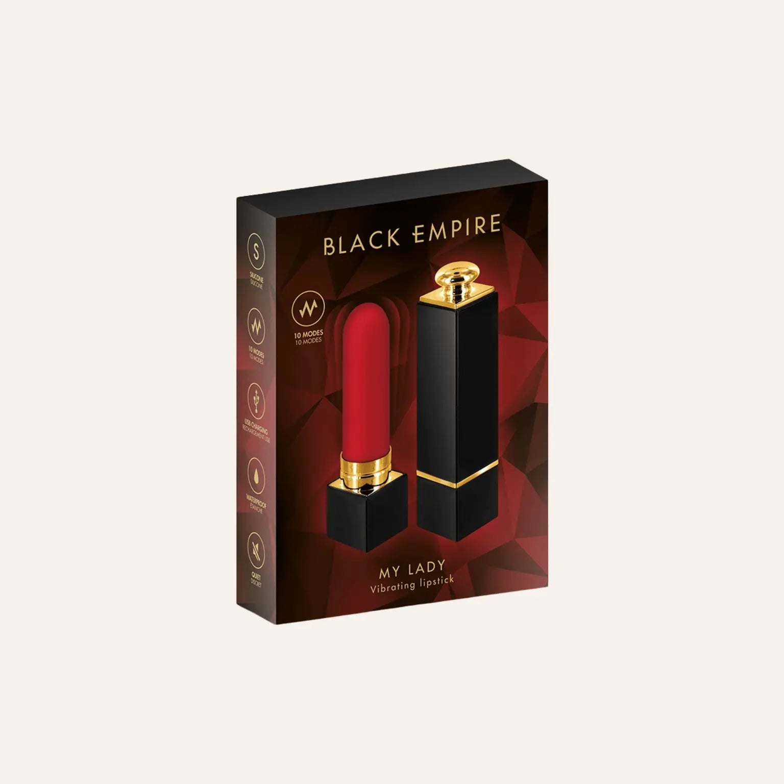 Boîte du mini vibromasseur rouge à lèvres My Lady de la gamme Black Empire, avec 10 modes de vibration. Un produit discret et élégant, disponible chez Oh My God'Z, spécialiste des sextoys haut de gamme.