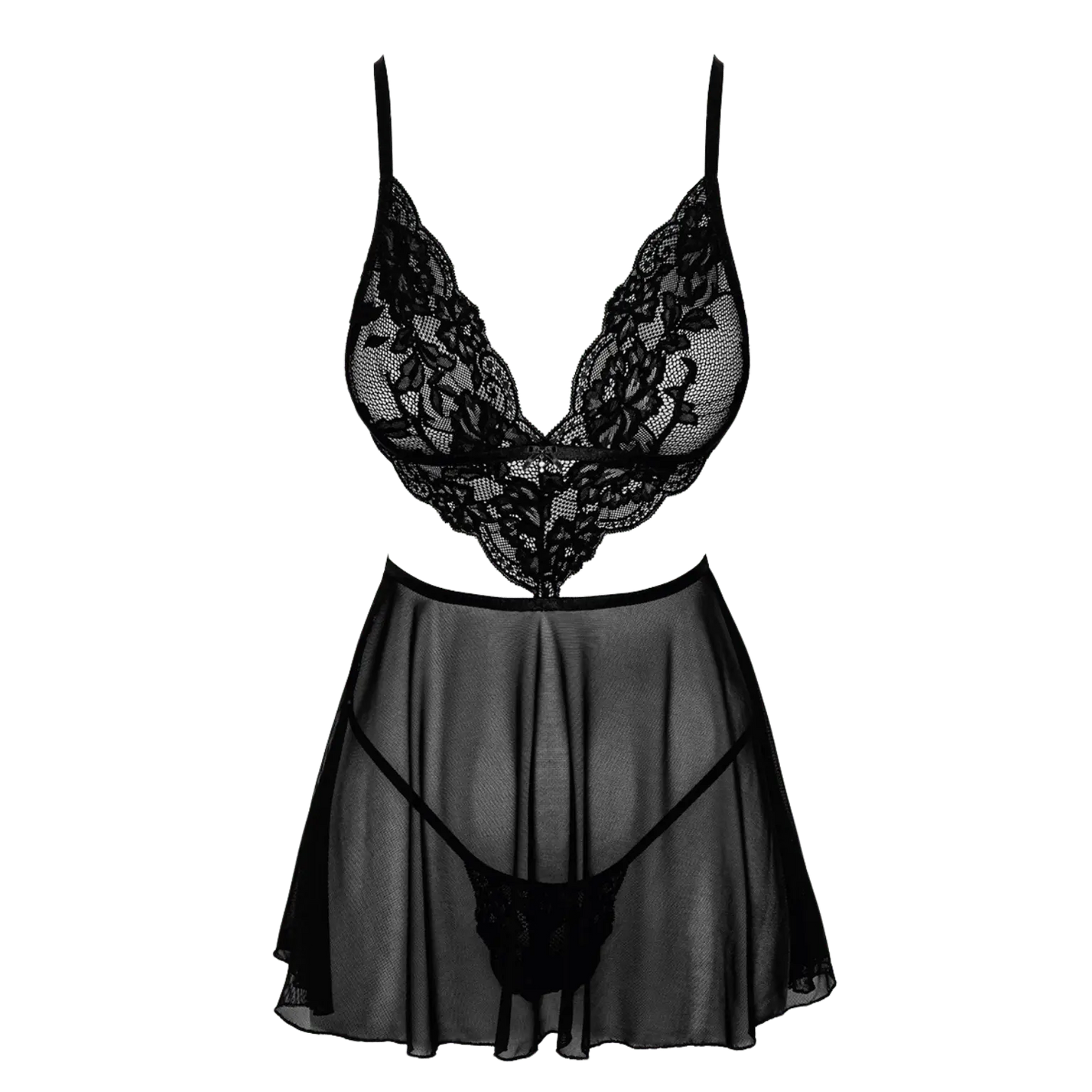 Vue complète de la nuisette French Kiss 242 – Kissable, un modèle sensuel en dentelle et tulle, disponible chez Oh My God'Z. Un ensemble glamour pour des nuits pleines de passion.