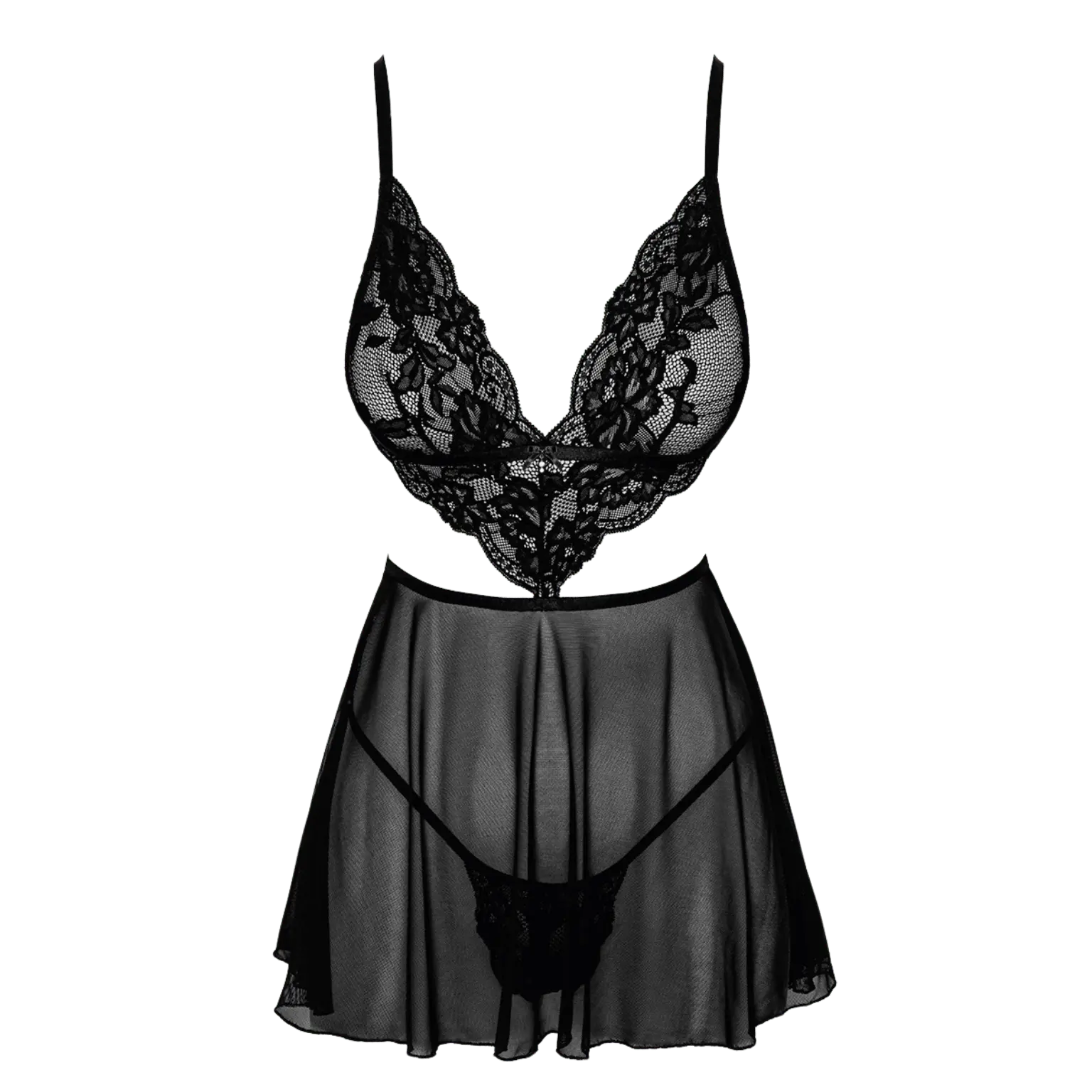 Vue complète de la nuisette French Kiss 242 – Kissable, un modèle sensuel en dentelle et tulle, disponible chez Oh My God'Z. Un ensemble glamour pour des nuits pleines de passion.