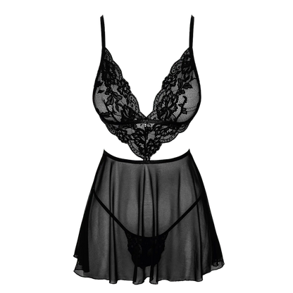 Vue complète de la nuisette French Kiss 242 – Kissable, un modèle sensuel en dentelle et tulle, disponible chez Oh My God'Z. Un ensemble glamour pour des nuits pleines de passion.