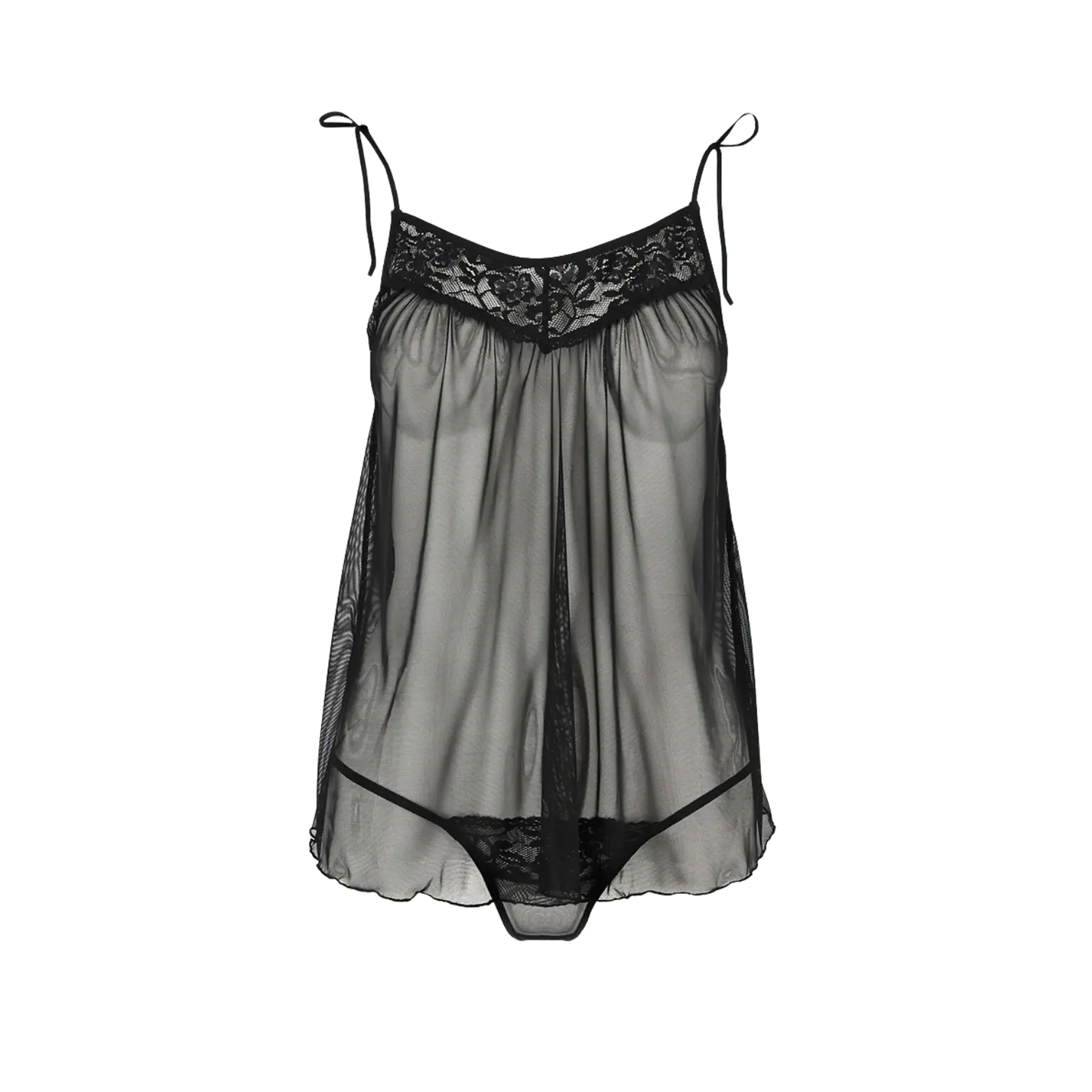 Nuisette noire Melania - Passion en vue de face, sans mannequin, proposée par la boutique Oh My God'Z. Détail en dentelle florale et tissu transparent pour un rendu à la fois chic et audacieux. Parfait pour les amateurs de lingerie sexy haut de gamme.