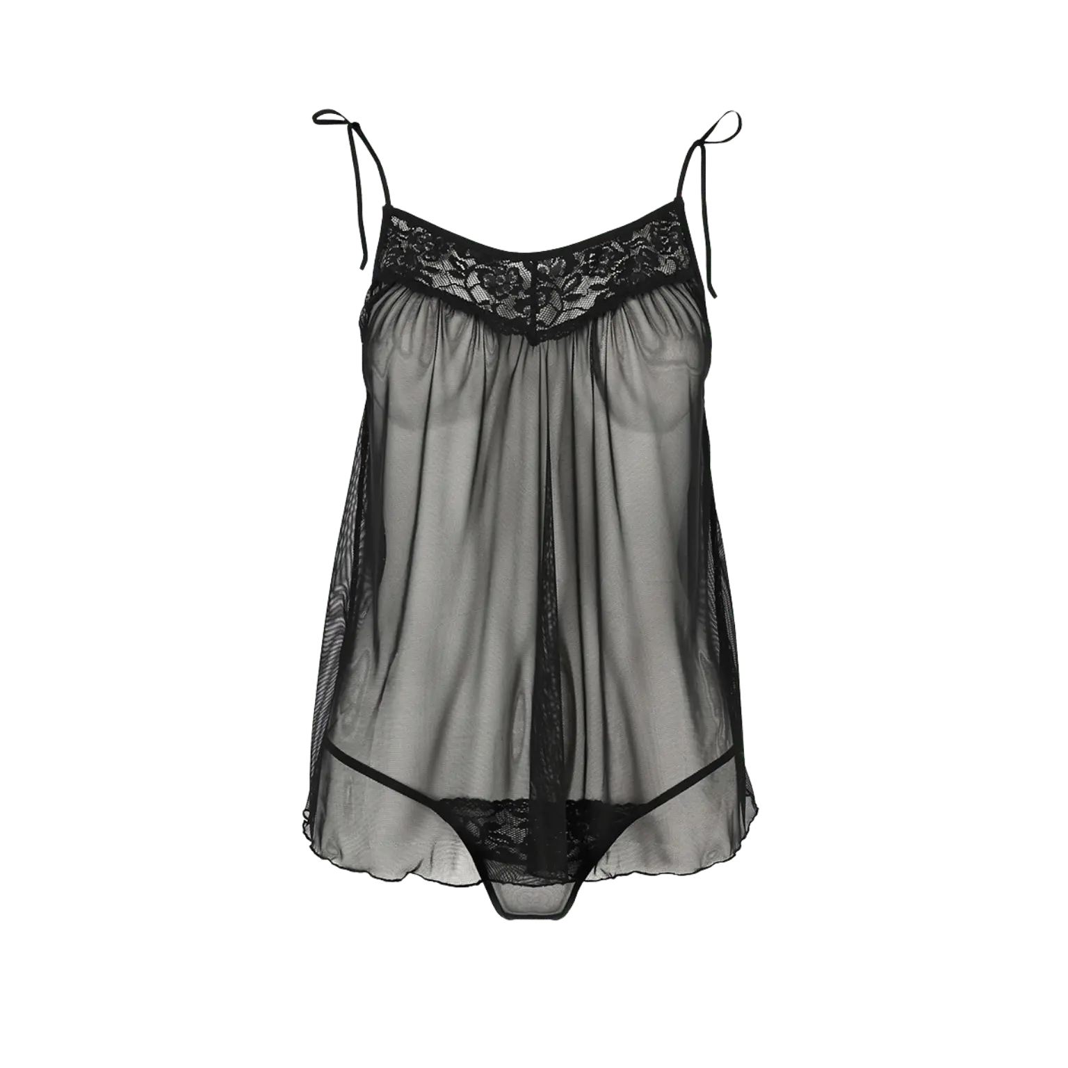 Nuisette noire Melania - Passion en vue de face, sans mannequin, proposée par la boutique Oh My God'Z. Détail en dentelle florale et tissu transparent pour un rendu à la fois chic et audacieux. Parfait pour les amateurs de lingerie sexy haut de gamme.