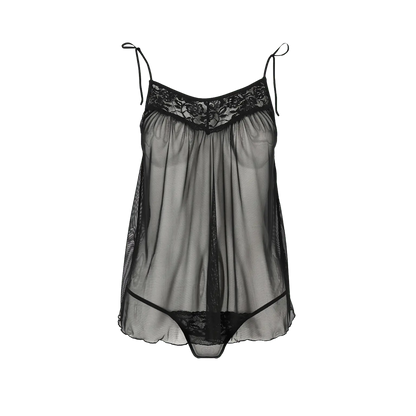 Nuisette noire Melania - Passion en vue de face, sans mannequin, proposée par la boutique Oh My God'Z. Détail en dentelle florale et tissu transparent pour un rendu à la fois chic et audacieux. Parfait pour les amateurs de lingerie sexy haut de gamme.
