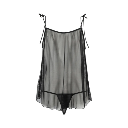 Vue arrière de la nuisette courte Melania signée Passion, disponible sur Oh My God'Z. Lingerie érotique en voile noir transparent avec bretelles à nouer, pour un style raffiné et provocant. Une pièce chic pour sublimer vos moments intimes avec un produit de lingerie haut de gamme.