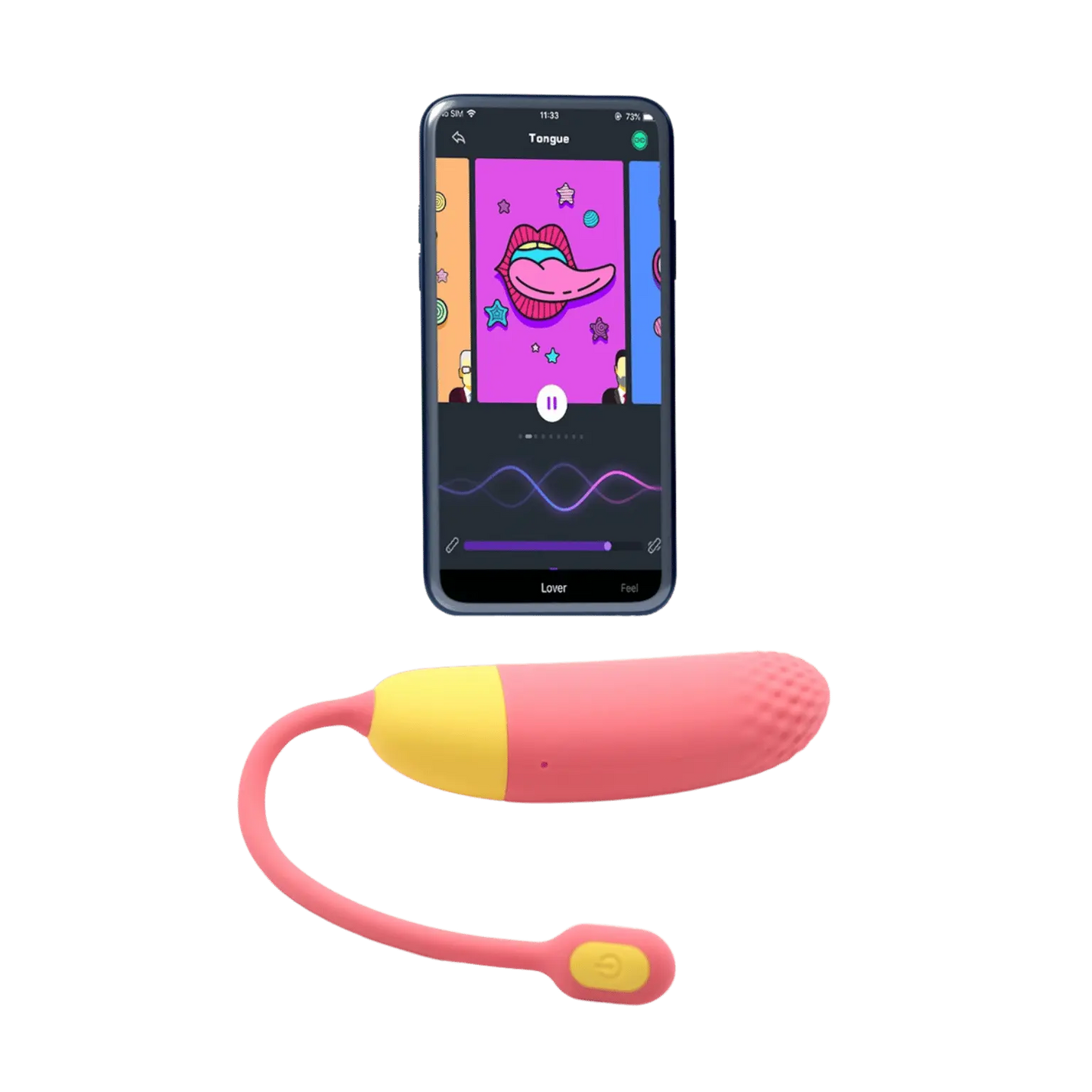 Application mobile Magic Motion affichée à côté de l'œuf vibrant Magic Vini en rose et jaune, disponible chez Oh My God'Z. Le sextoy est contrôlable à distance via smartphone pour une expérience intime excitante et interactive.