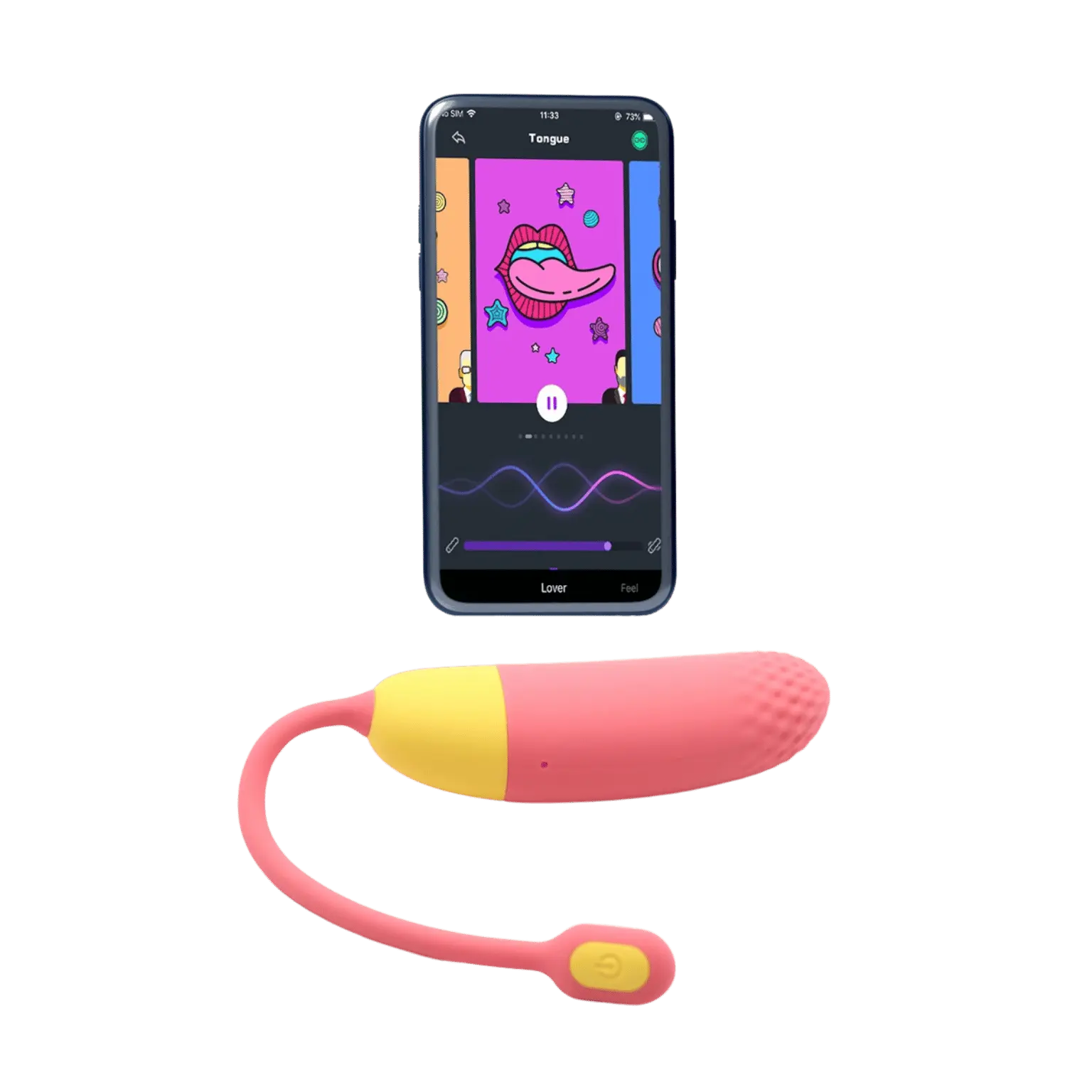 Application mobile Magic Motion affichée à côté de l'œuf vibrant Magic Vini en rose et jaune, disponible chez Oh My God'Z. Le sextoy est contrôlable à distance via smartphone pour une expérience intime excitante et interactive.