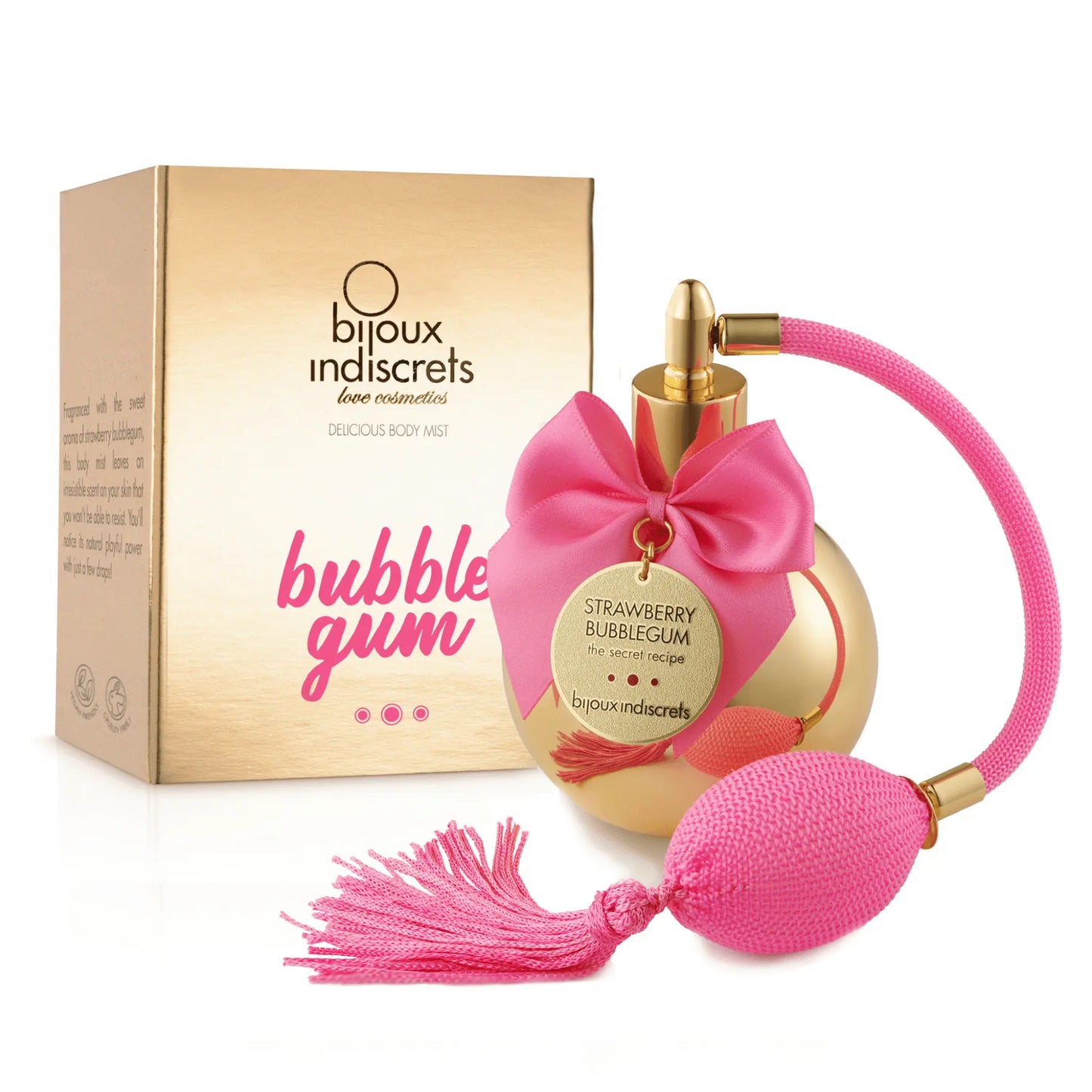 Parfum corporel délicieux Bubble Gum de bijoux indiscrets, une brume séductrice aux notes de fraise, présentée dans un flacon doré orné d'un nœud rose, disponible chez Oh My God'Z pour un éveil sensuel