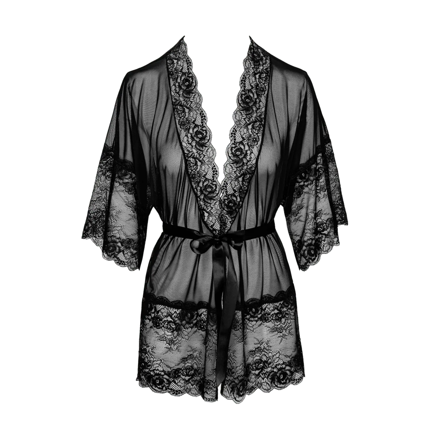 Peignoir Midnight Kiss 245 – Kissable en dentelle noire, en vente sur Oh My God'Z. Son tissu semi-transparent et sa ceinture satinée apportent une touche de luxe et de sensualité à votre lingerie de nuit.
