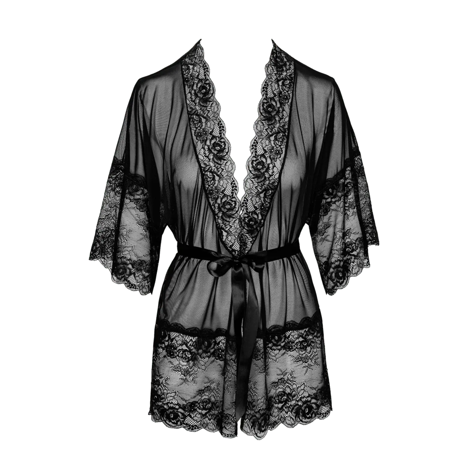 Peignoir Midnight Kiss 245 – Kissable en dentelle noire, en vente sur Oh My God'Z. Son tissu semi-transparent et sa ceinture satinée apportent une touche de luxe et de sensualité à votre lingerie de nuit.
