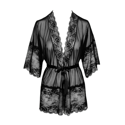 Peignoir Midnight Kiss 245 – Kissable en dentelle noire, en vente sur Oh My God'Z. Son tissu semi-transparent et sa ceinture satinée apportent une touche de luxe et de sensualité à votre lingerie de nuit.
