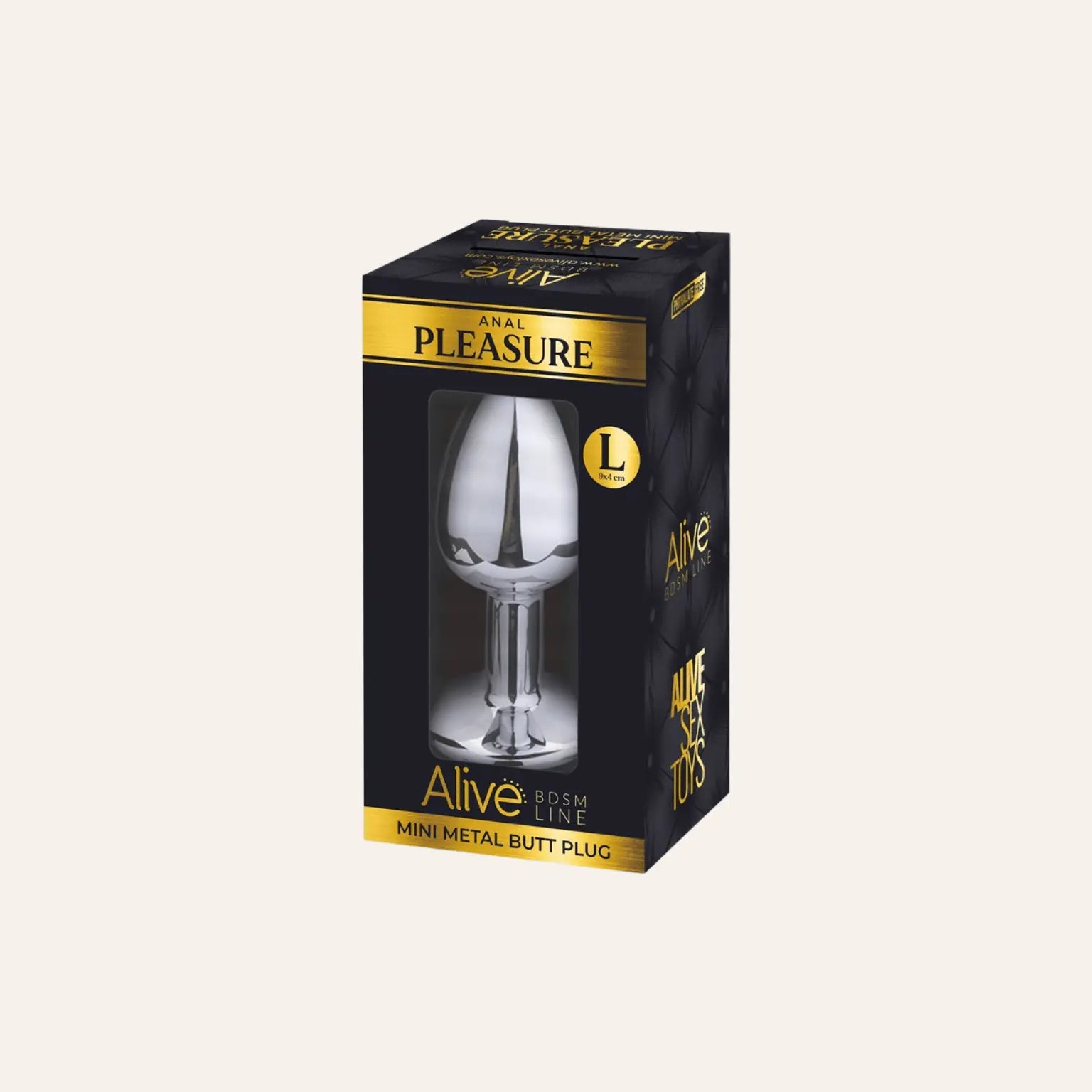 Plug anal en métal haut de gamme, taille L, avec bijou brillant, présenté dans un packaging élégant "Alive BDSM Line". Disponible dans la boutique Oh My God'Z, idéal pour explorer le plaisir anal avec style et sophistication.