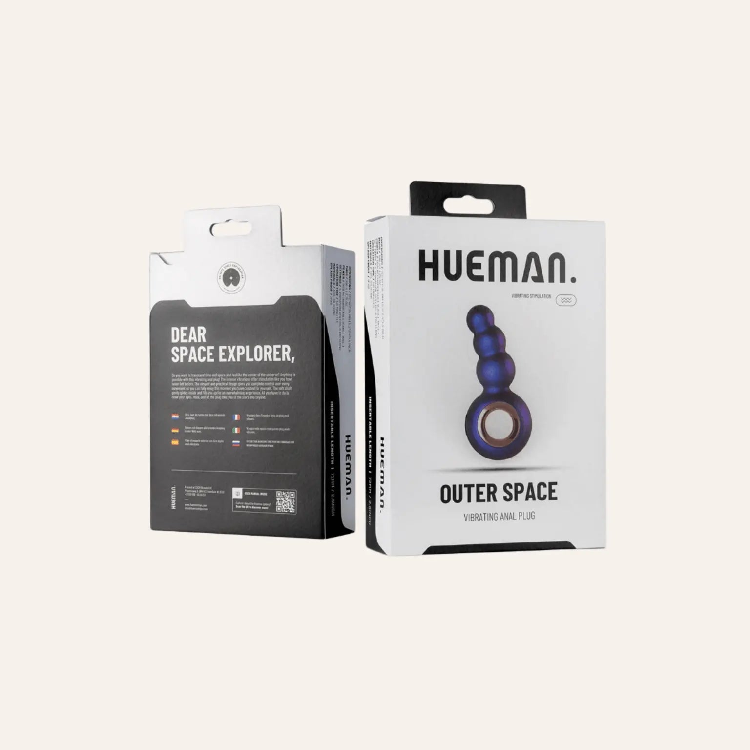Emballage du plug anal vibrant "Outer Space" par Hueman, mettant en avant l’univers spatial et l’innovation sensorielle, en vente chez Oh My God'Z. L’alliance parfaite entre technologie et sextoy premium.