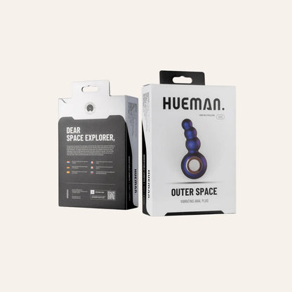 Emballage du plug anal vibrant "Outer Space" par Hueman, mettant en avant l’univers spatial et l’innovation sensorielle, en vente chez Oh My God'Z. L’alliance parfaite entre technologie et sextoy premium.