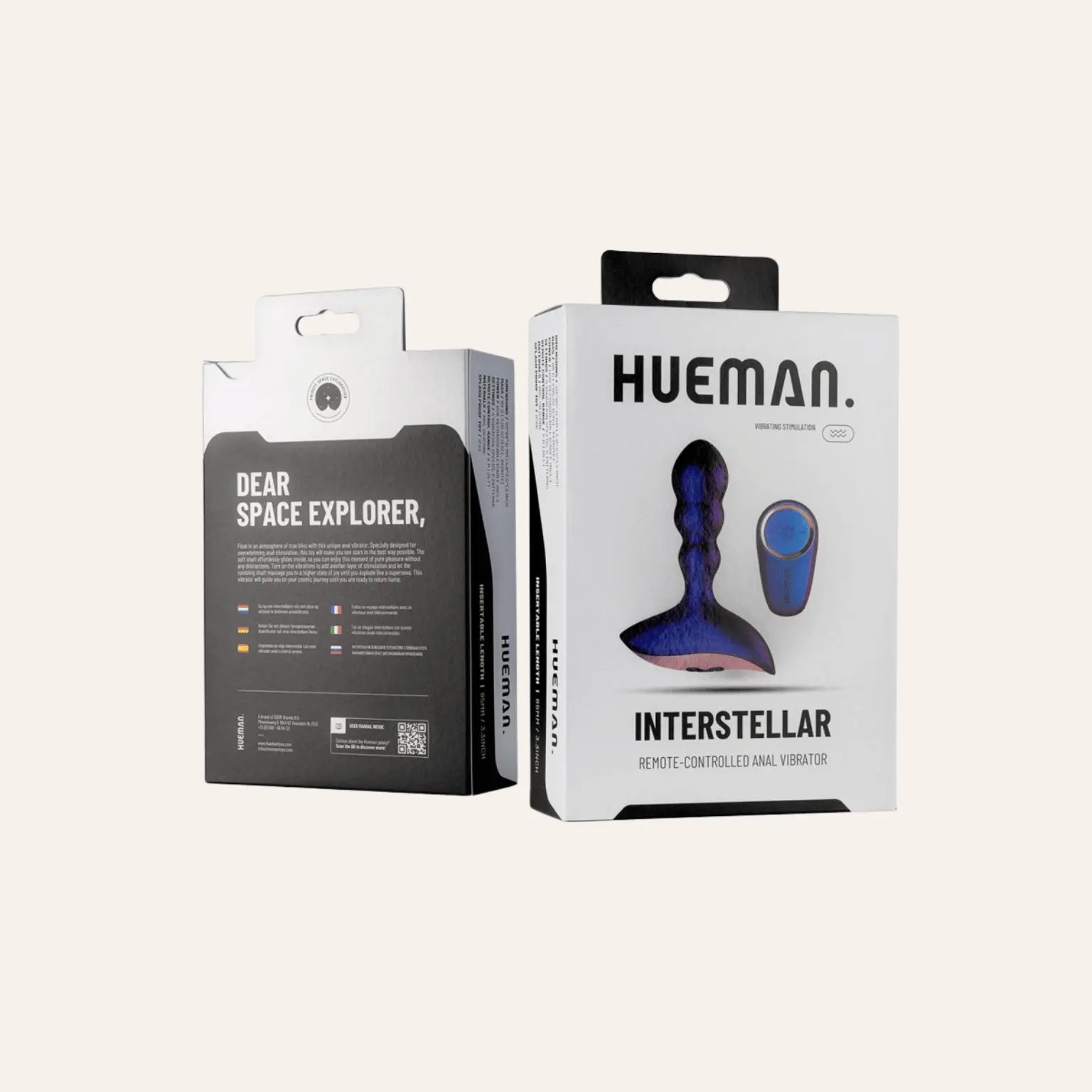 Boîte du plug anal vibrant Interstellar de Hueman, présenté avec télécommande, produit premium disponible chez Oh My God'Z – boutique spécialisée dans les sextoys de luxe pour stimulation anale.