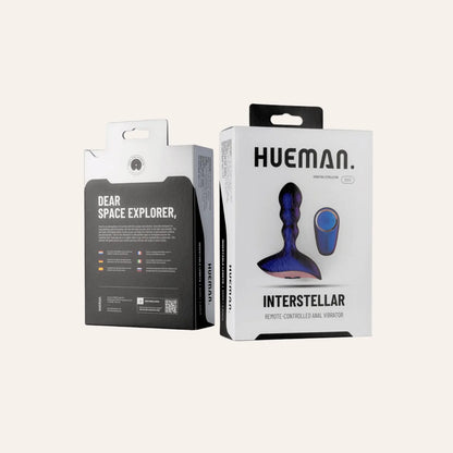 Boîte du plug anal vibrant Interstellar de Hueman, présenté avec télécommande, produit premium disponible chez Oh My God'Z – boutique spécialisée dans les sextoys de luxe pour stimulation anale.