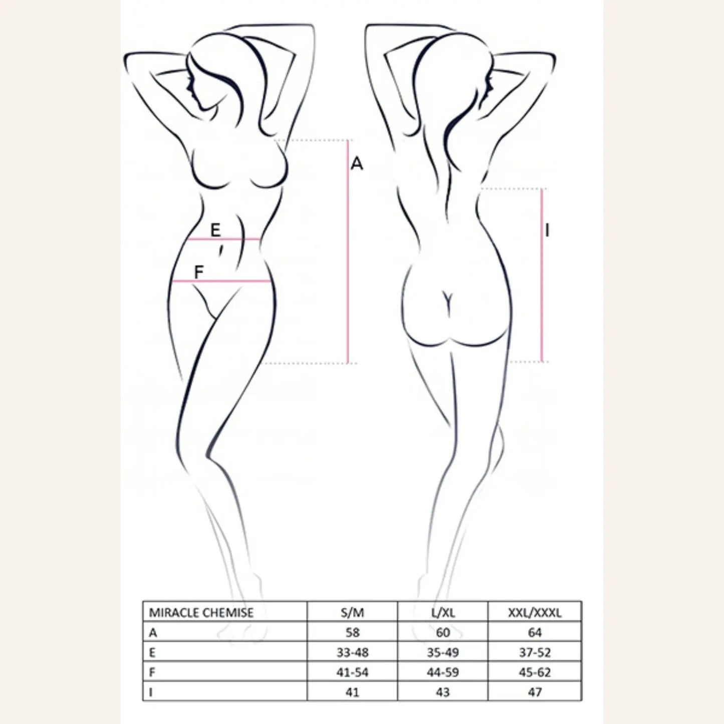 Guide des tailles pour la robe Miracle - Passion, disponible sur la boutique Oh My God'Z. Ce tableau permet de choisir la lingerie haut de gamme idéale, en fonction de vos mensurations pour un ajustement parfait.