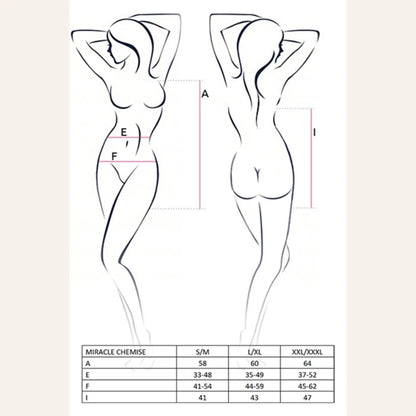 Guide des tailles pour la robe Miracle - Passion, disponible sur la boutique Oh My God'Z. Ce tableau permet de choisir la lingerie haut de gamme idéale, en fonction de vos mensurations pour un ajustement parfait.