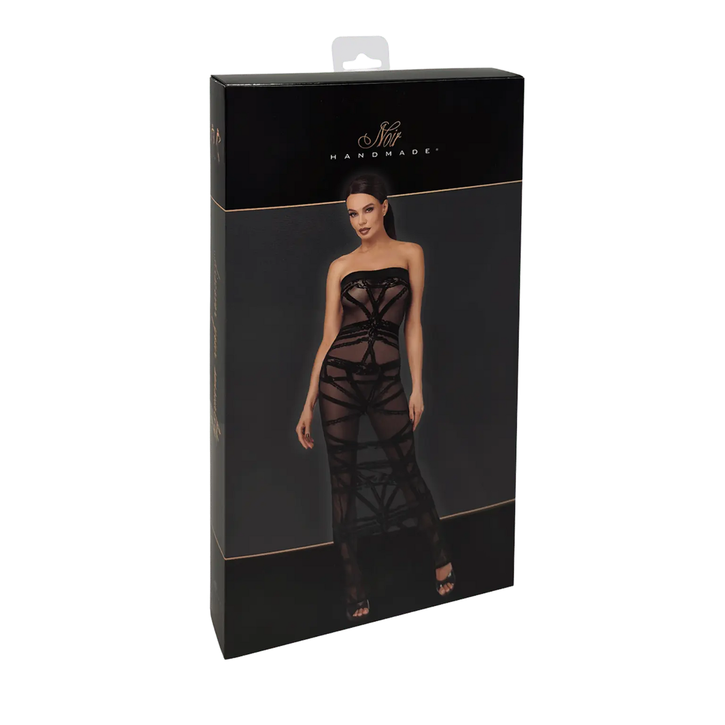 Robe bustier longue transparente Bondesque F358 en tulle floqué noir – Noir Handmade