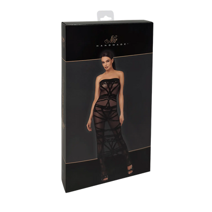 Robe bustier longue transparente Bondesque F358 en tulle floqué noir – Noir Handmade