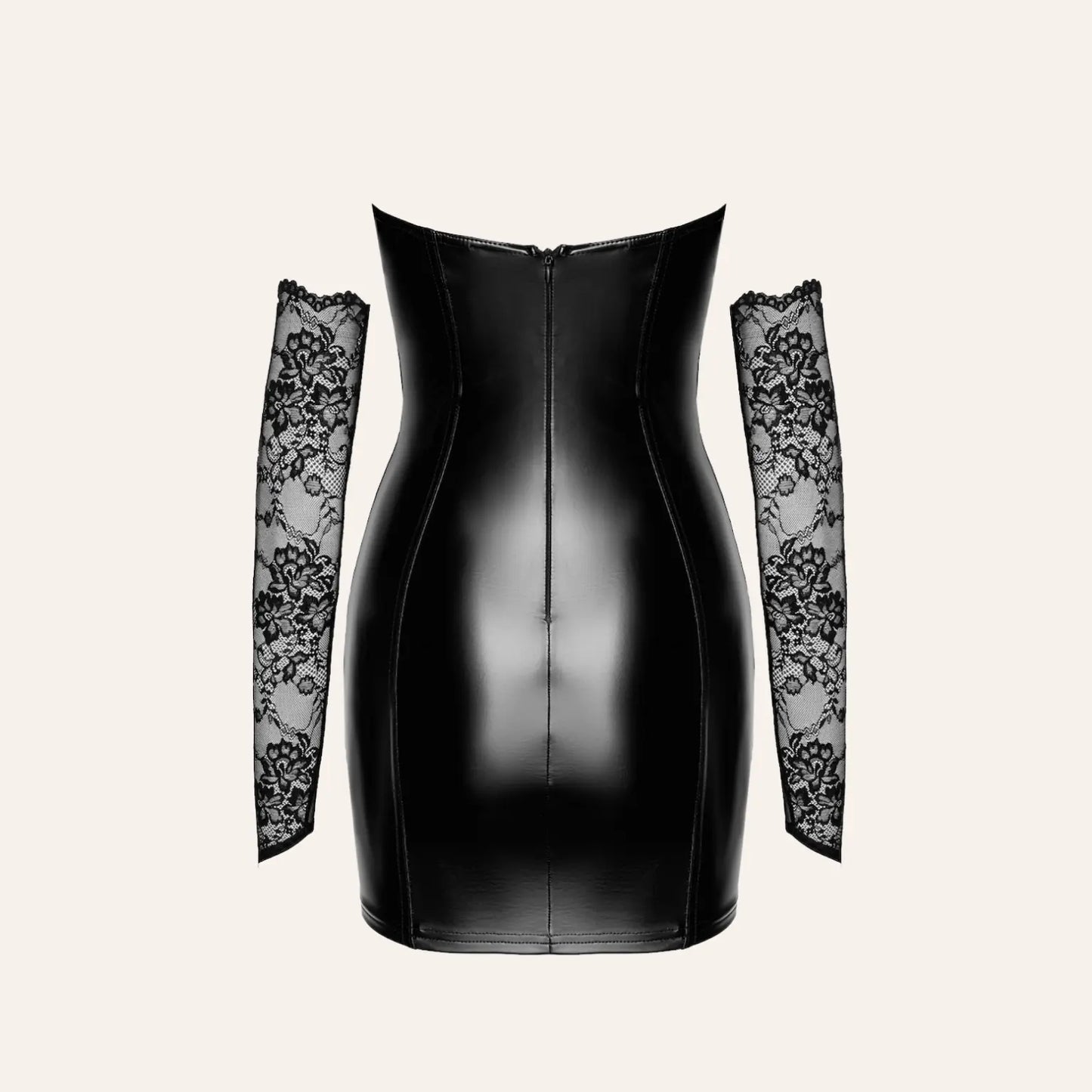 Vue arrière de la robe courte Harmonia F340 by Velvetine, avec fermeture zippée et coupe moulante en wetlook brillant, mise en vente chez Oh My God'Z – idéale pour une ambiance sexy et sophistiquée, parfaite avec des accessoires érotiques premium.