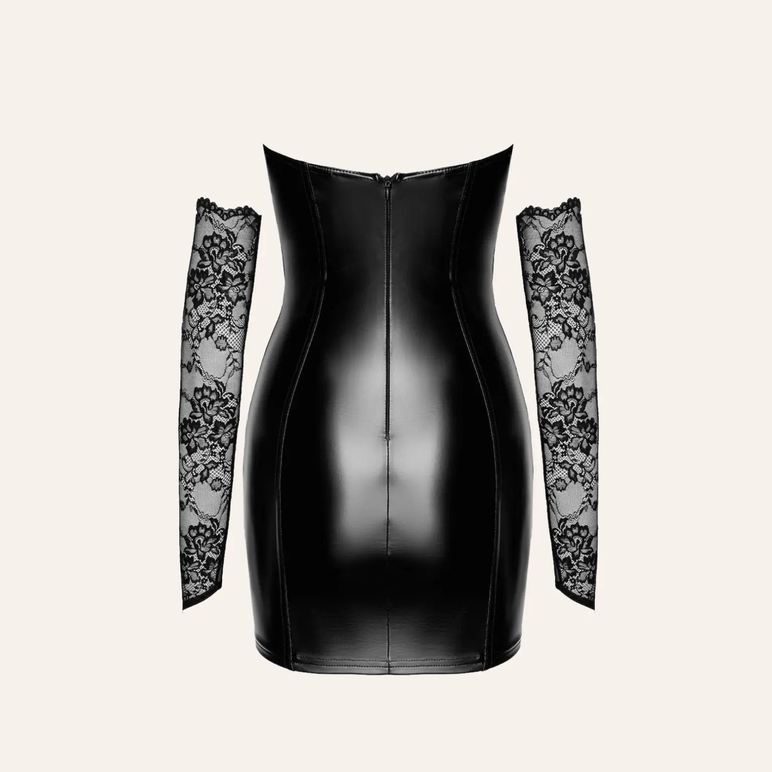Vue arrière de la robe courte Harmonia F340 by Velvetine, avec fermeture zippée et coupe moulante en wetlook brillant, mise en vente chez Oh My God'Z – idéale pour une ambiance sexy et sophistiquée, parfaite avec des accessoires érotiques premium.