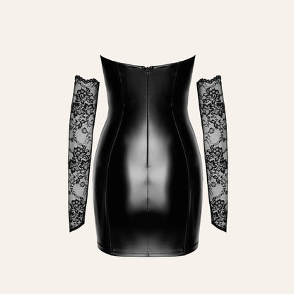 Vue arrière de la robe courte Harmonia F340 by Velvetine, avec fermeture zippée et coupe moulante en wetlook brillant, mise en vente chez Oh My God'Z – idéale pour une ambiance sexy et sophistiquée, parfaite avec des accessoires érotiques premium.