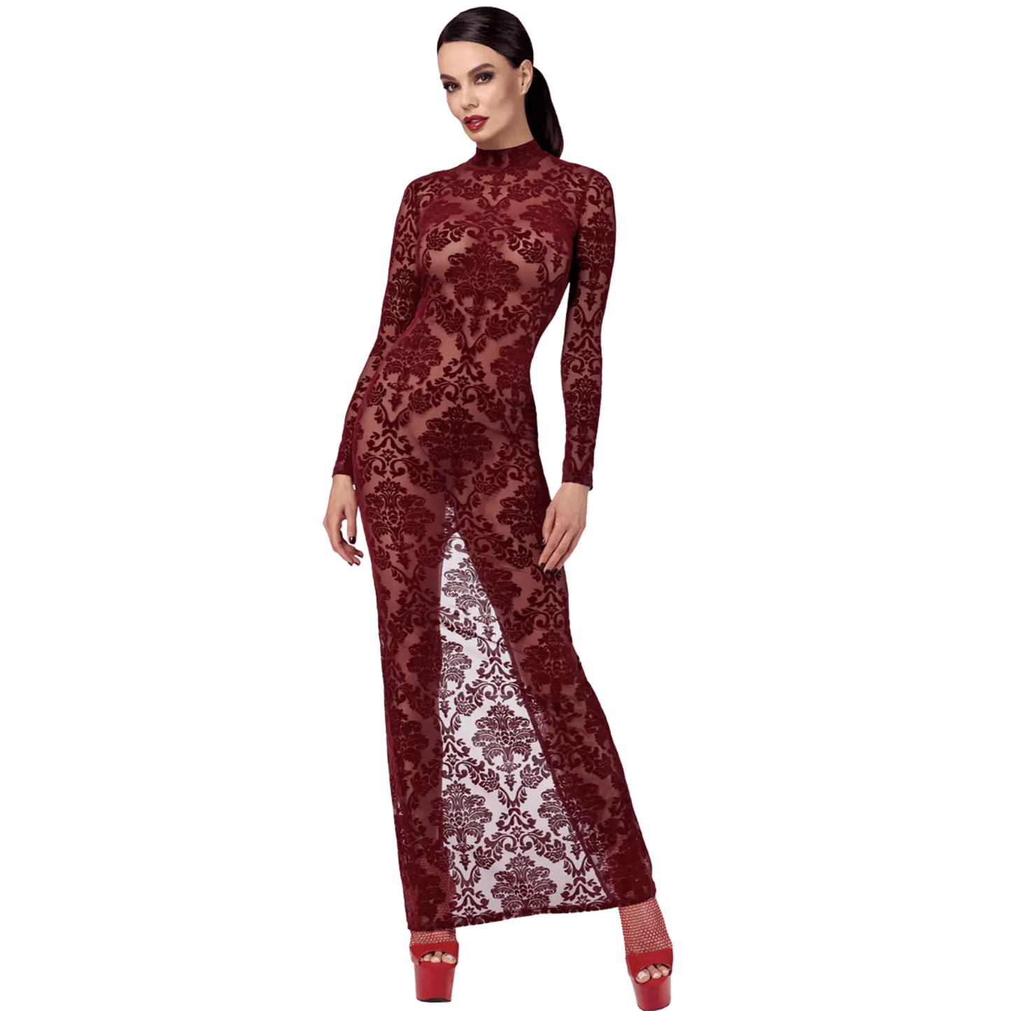 Robe longue fendue bordeaux en tulle floqué Kink Royal F383 Noir Handmade – Oh My God’Z