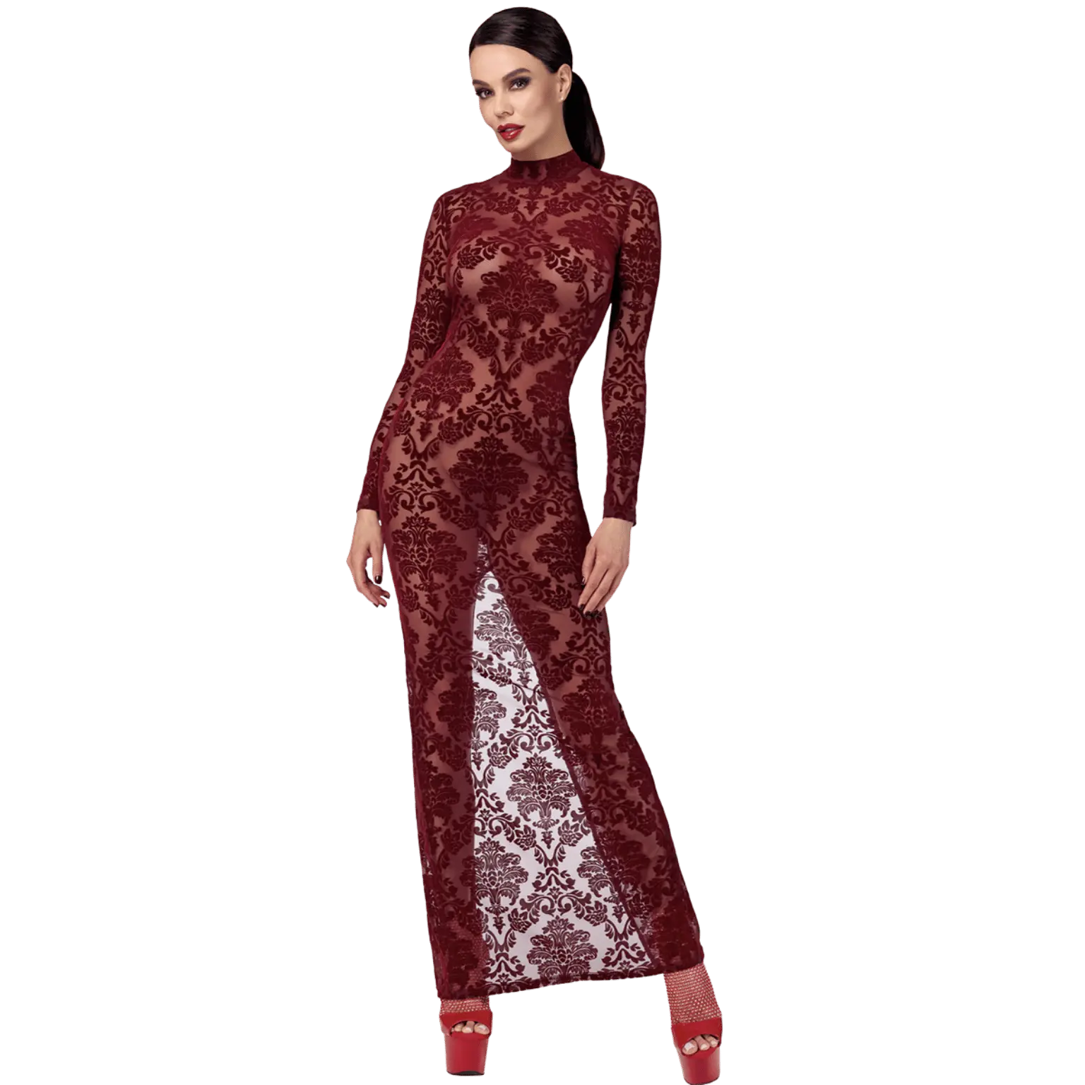 Robe longue fendue bordeaux en tulle floqué Kink Royal F383 Noir Handmade – Oh My God’Z