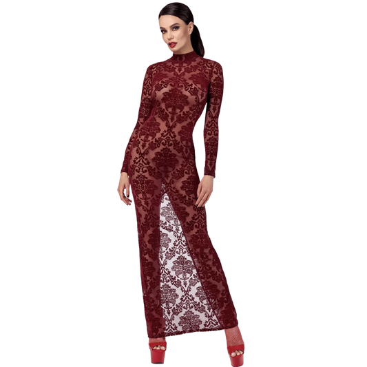 Robe longue fendue bordeaux en tulle floqué Kink Royal F383 Noir Handmade – Oh My God’Z