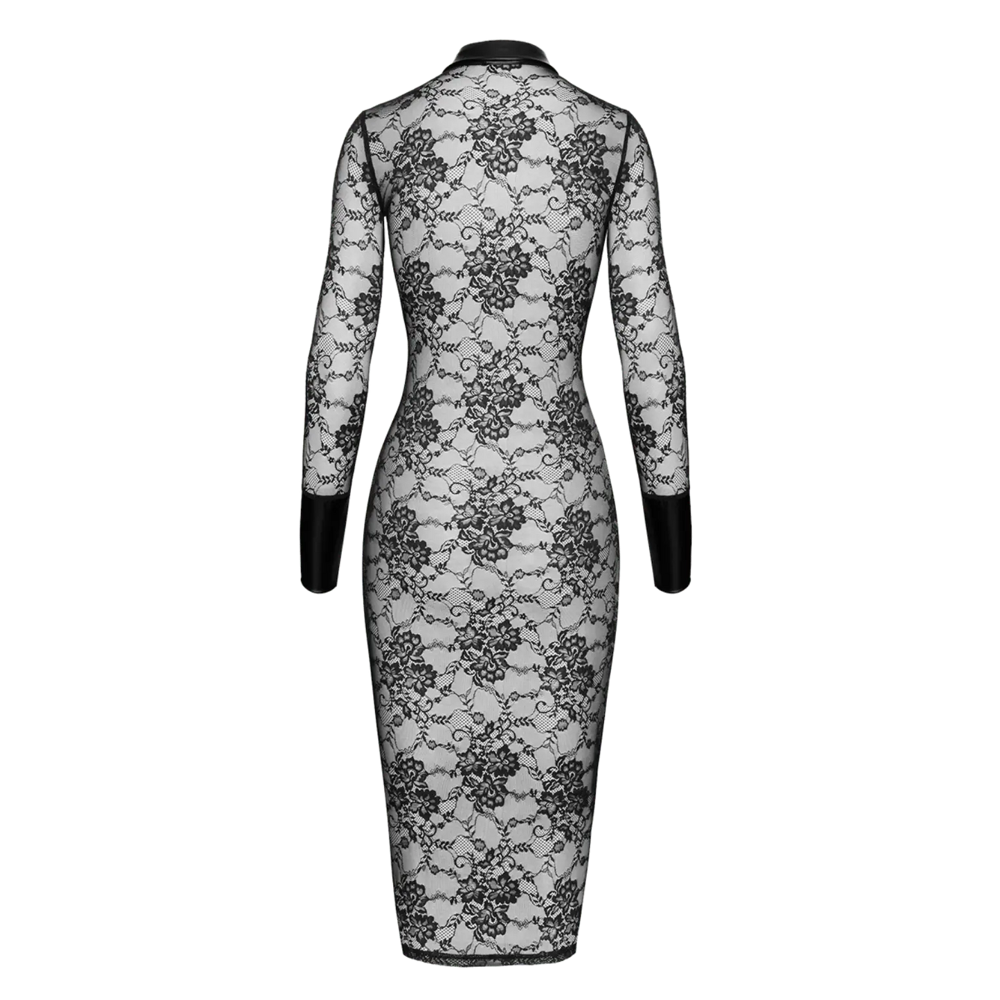 Robe moulante en dentelle noire avec détails vinyle – Oh My God’Z