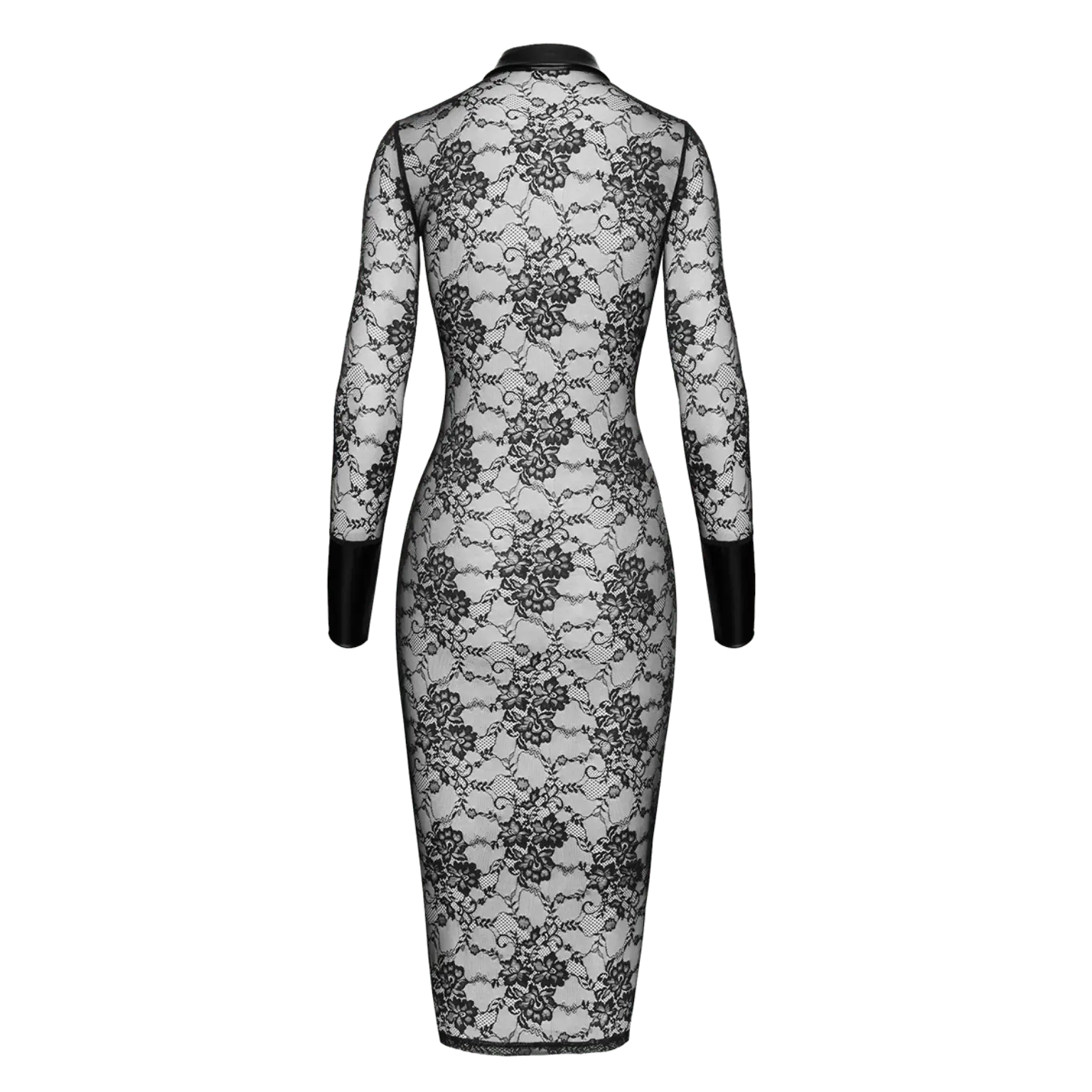 Robe moulante en dentelle noire avec détails vinyle – Oh My God’Z