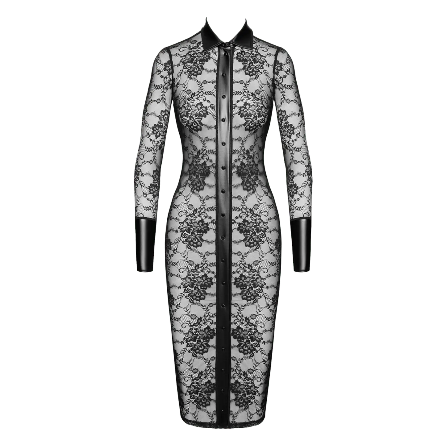 Robe sexy cintrée à manches longues et boutons sur le devant – Noir Handmade