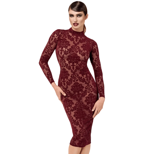 Robe fourreau bordeaux en tulle floqué Kink Royal F384 Noir Handmade – Oh My God’Z