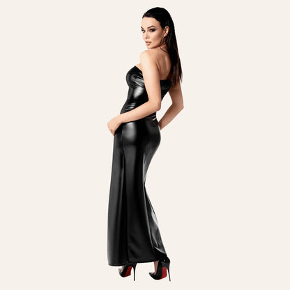 Vue arrière de la robe Aphrodisia F336 en wetlook noir brillant, tenue érotique chic proposée par la boutique Oh My God'Z, idéale pour accompagner vos sextoys de luxe.