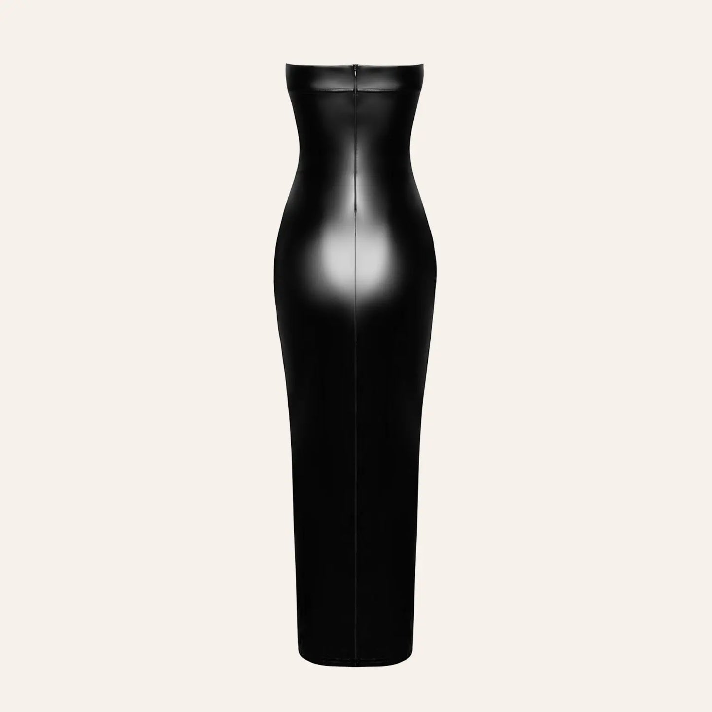 Robe moulante dos nu effet cuir brillant, modèle Aphrodisia F336 vendu par Oh My God'Z, parfait pour un look fétichiste élégant avec des sextoys haut de gamme.