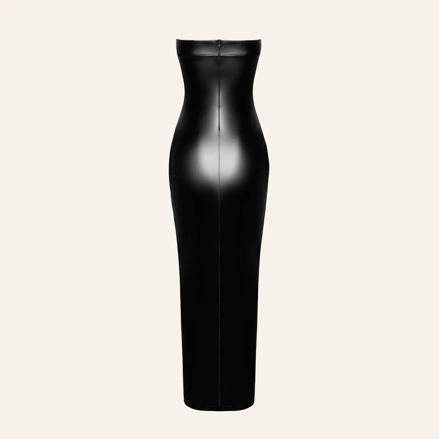 Robe moulante dos nu effet cuir brillant, modèle Aphrodisia F336 vendu par Oh My God'Z, parfait pour un look fétichiste élégant avec des sextoys haut de gamme.