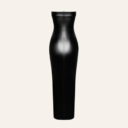 Robe moulante dos nu effet cuir brillant, modèle Aphrodisia F336 vendu par Oh My God'Z, parfait pour un look fétichiste élégant avec des sextoys haut de gamme.