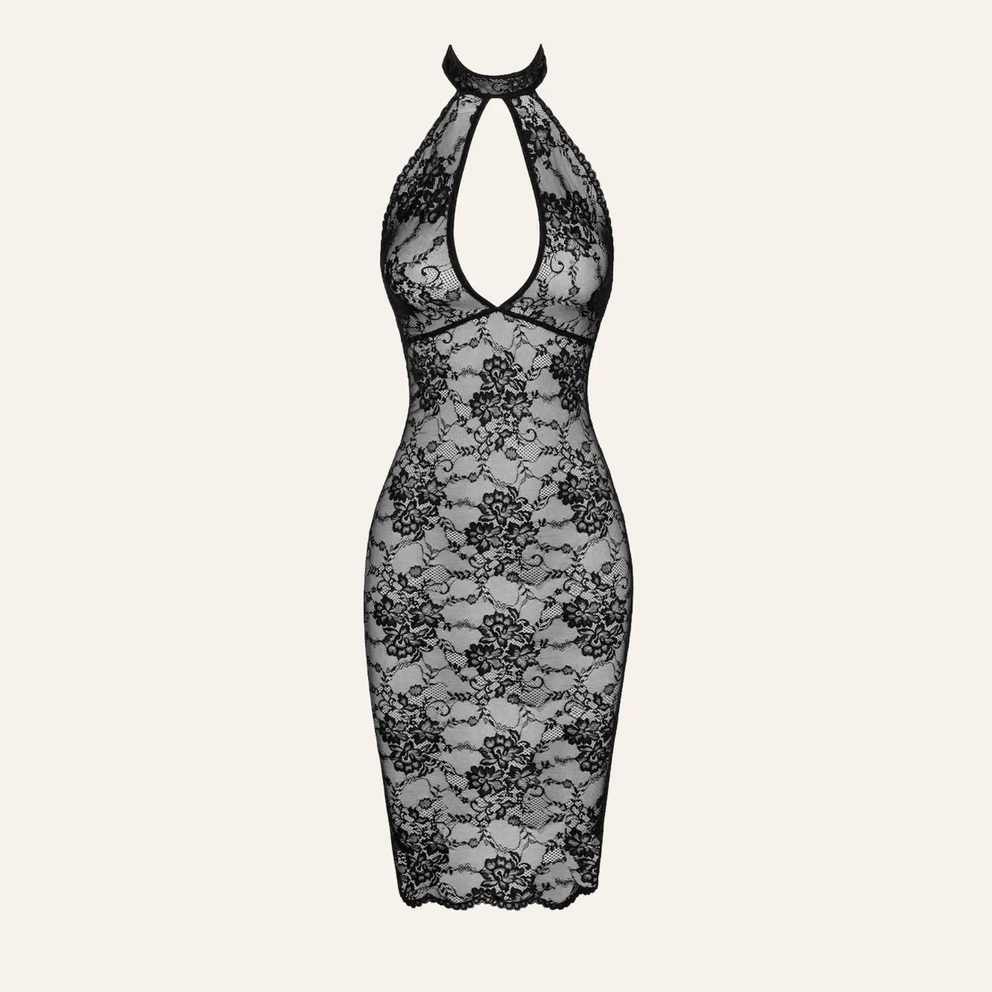 Vue de face de la robe Nocturne F338 en dentelle noire, col tour de cou et design plongeant. Lingerie haut de gamme signée Oh My God'Z.