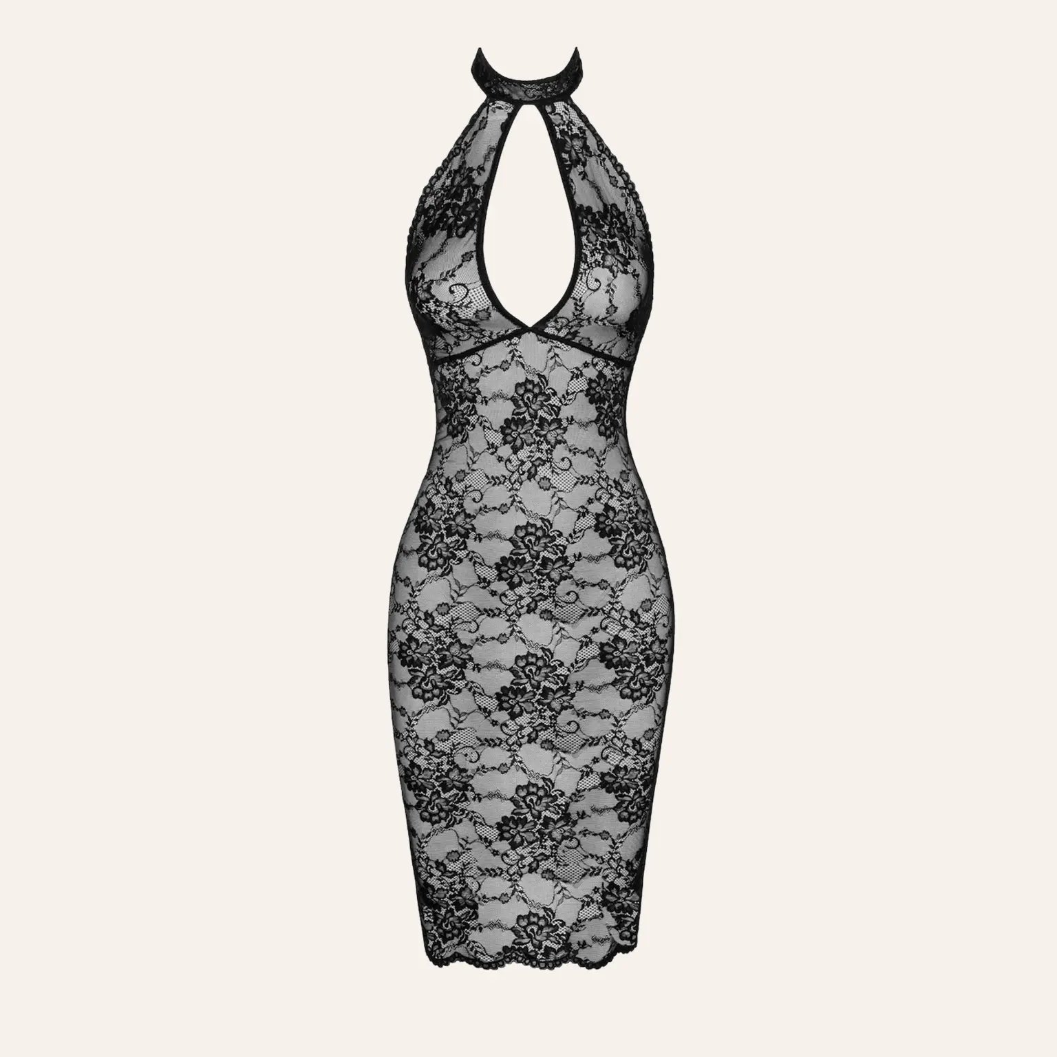 Vue de face de la robe Nocturne F338 en dentelle noire, col tour de cou et design plongeant. Lingerie haut de gamme signée Oh My God'Z.